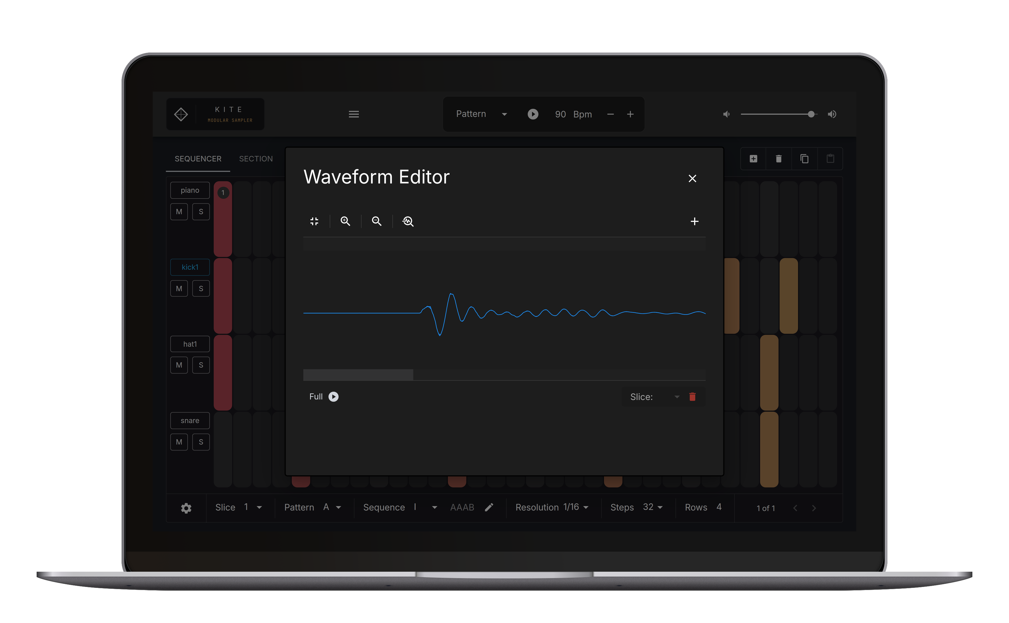 KITE Sampler waveform editor — direct sample chopping with slice markers and fast zoom.